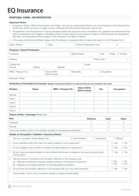 EQ Protector Insurance Proposal Form