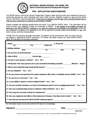 Senior Community Service Employment Program Pre-Application Questionnaire