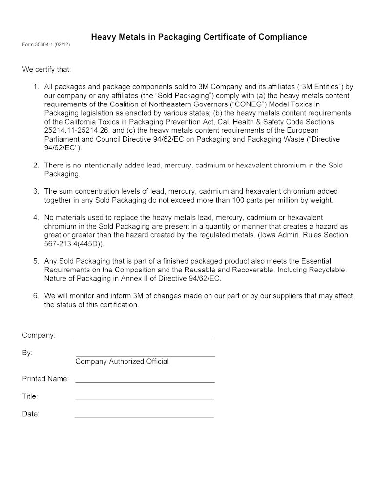 Fillable Online Heavy Metals in Packaging Certificate of Compliance Fax