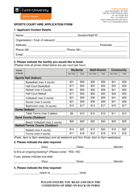 Curtin Stadium Sports Court Hire Application Form
