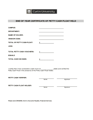End of Year Petty Cash Float Certificate