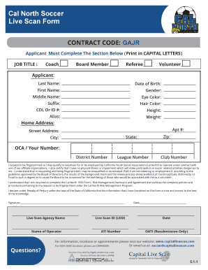 Cal North Soccer Live Scan Form