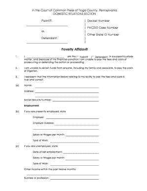Poverty Affidavit for Support/Custody Case