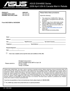 ASUS EAH4890 Series Mail-In Rebate Form
