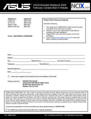 ASUS Canada Mail-In Rebate Form 2009