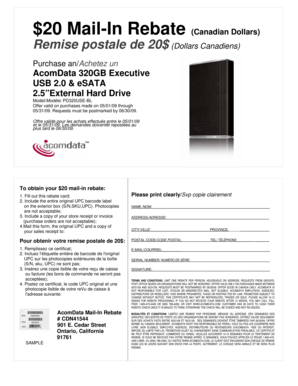 AcomData 320GB Hard Drive Mail-In Rebate Form