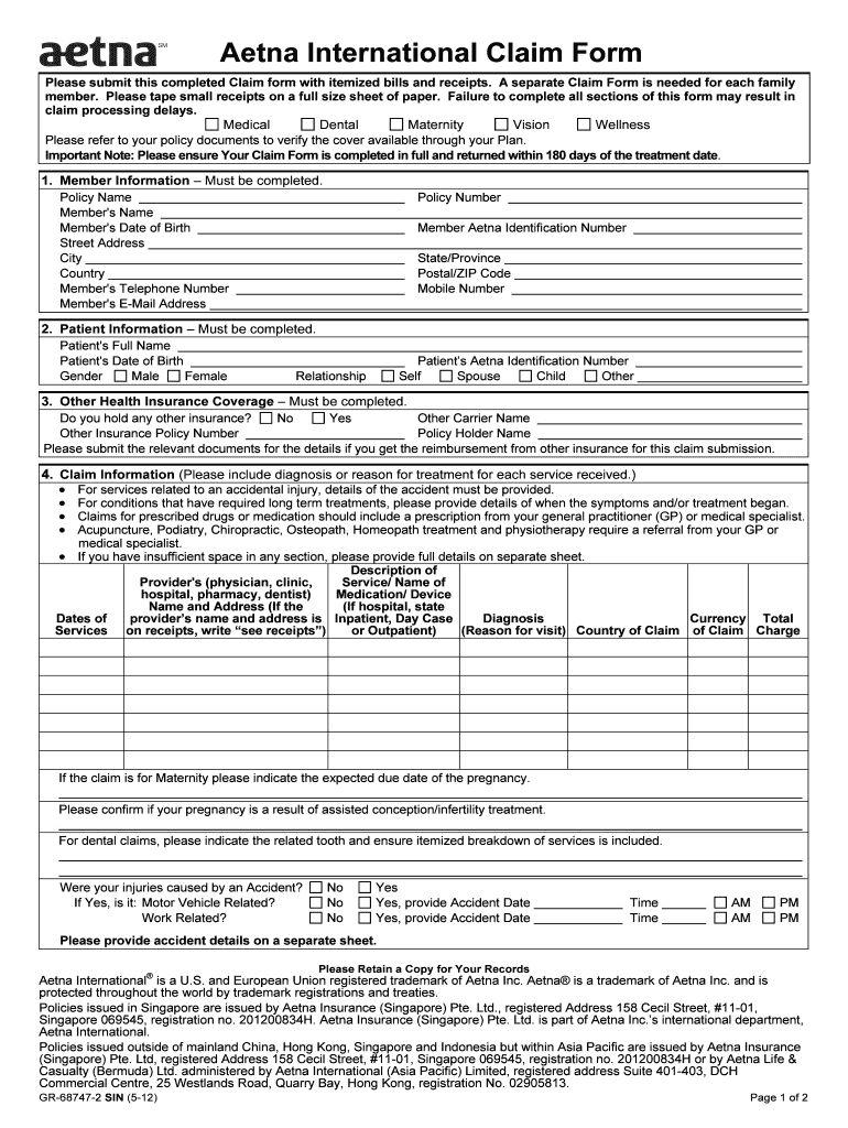 International Healthcare Plan Claim Form Singapore - Aetna Preview on Page 1