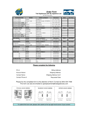 Trail Appliances Order Form