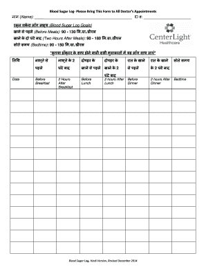 Blood Sugar Log Please Bring This Form to All Doctors Appointments (Name): ID #: (Blood Sugar Log Goals) (Before Meals): 90 130 - centerlighthealthcare