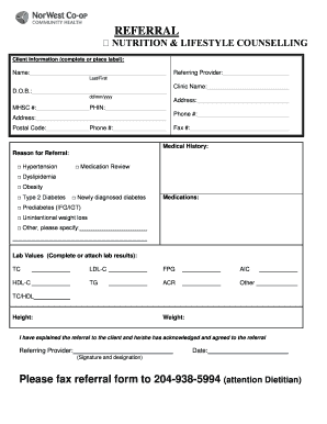 Nutrition and Lifestyle Counselling Referral Form