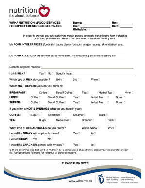 WRHA Food Preference Questionnaire