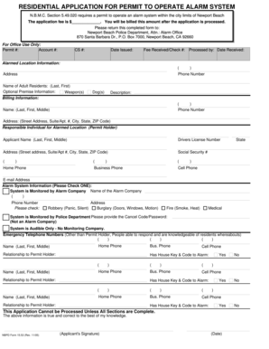 Residential Alarm System Permit Application