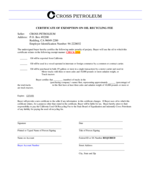 California Oil Recycling Fee Exemption Certificate