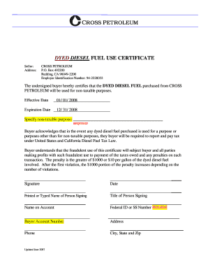 Dyed Diesel Fuel Use Certificate