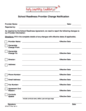 School Readiness Provider Change Notification