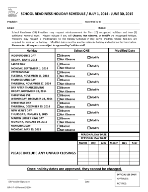 School Readiness Holiday Schedule Form