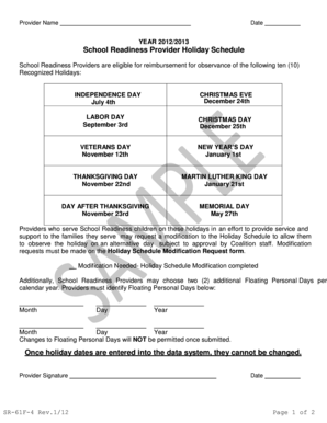 School Readiness Provider Holiday Schedule Form