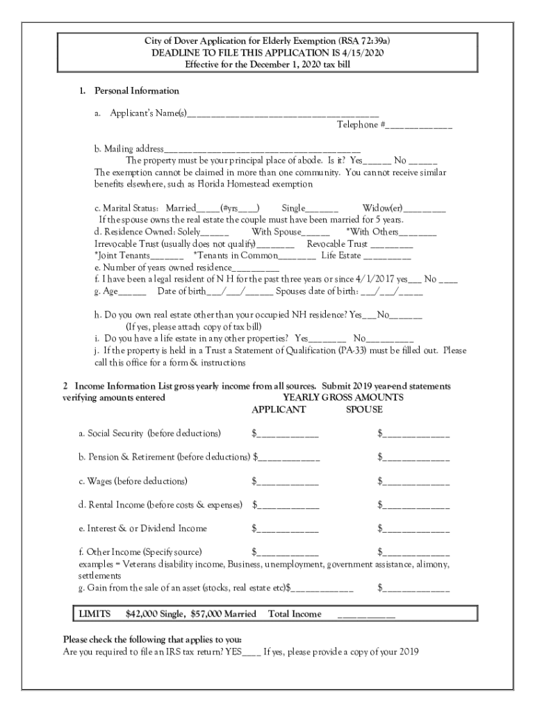 Fillable Online dover nh Get the City of Dover Application for Elderly