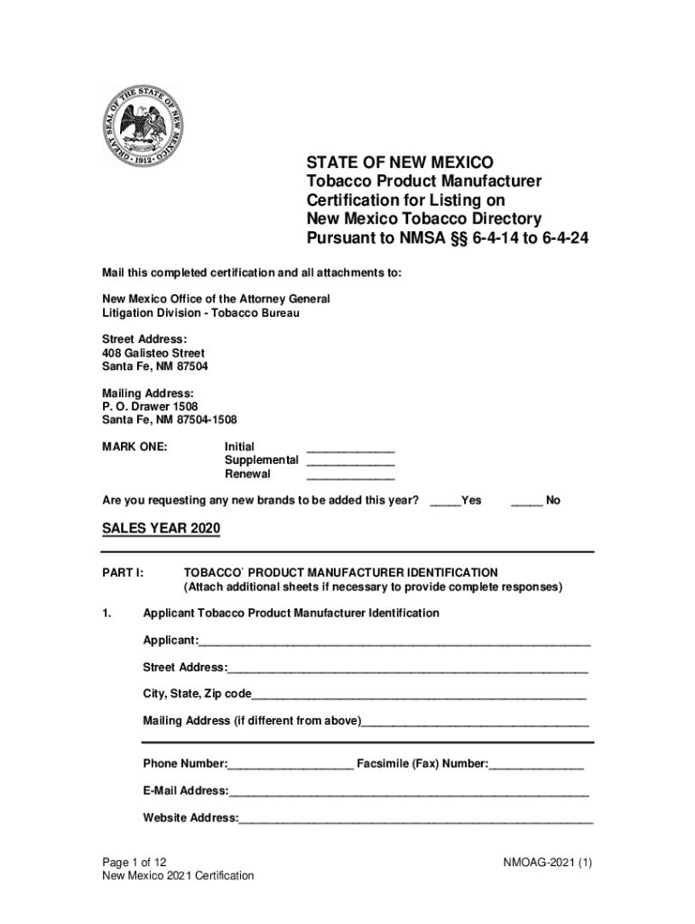Fillable Online Fillable Online STATE OF NEW MEXICO Tobacco Product ... Fax Email Print - pdfFiller