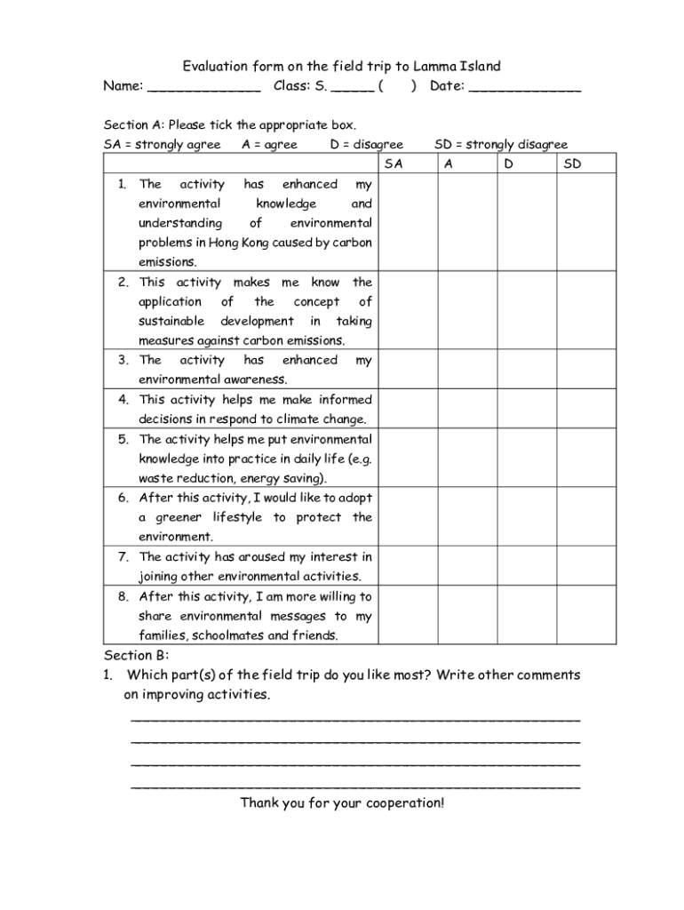 Fillable Online Evaluation form on the field trip to Lamma Island Name