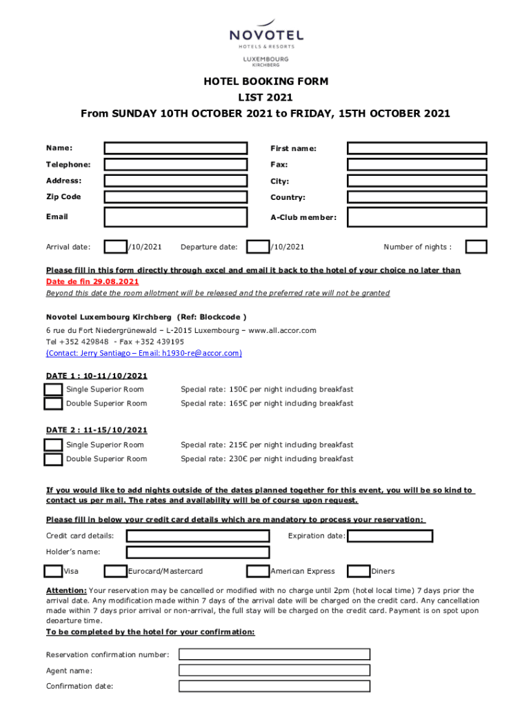 Fillable Online HOTEL BOOKING FORM LIST 2021 From SUNDAY 10TH OCTOBER
