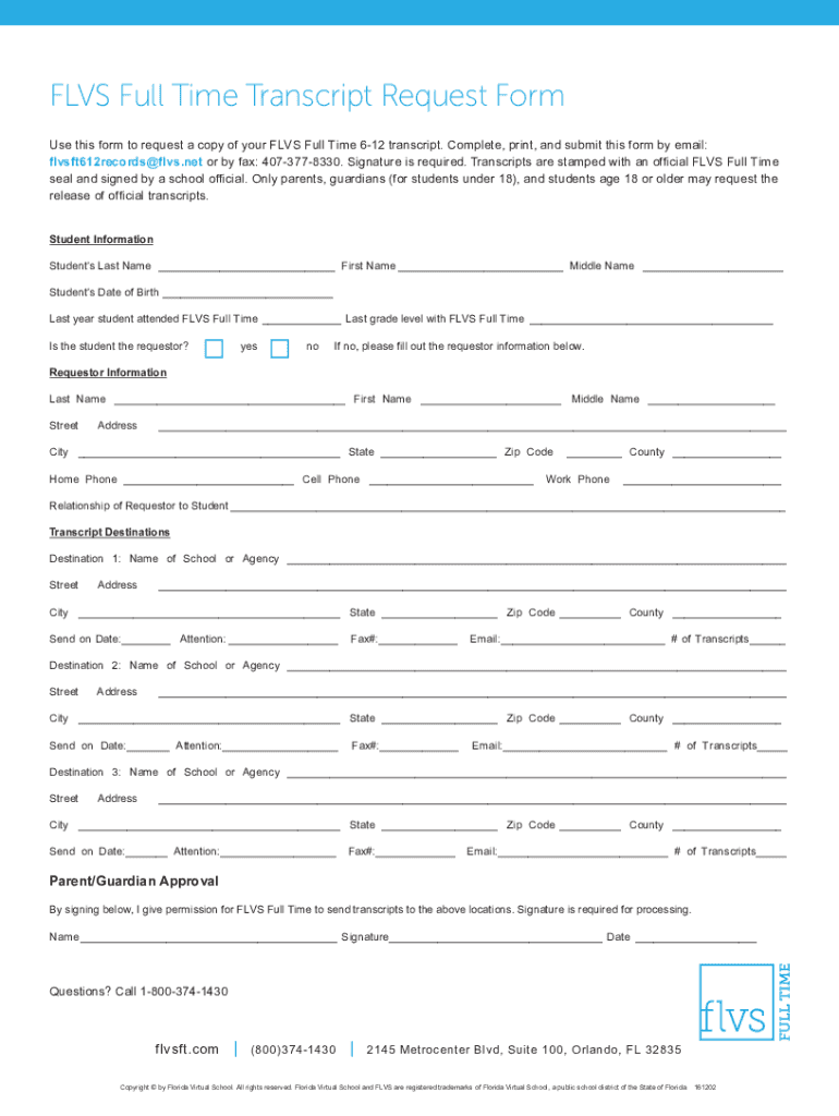 Fillable Online Fillable Online Transcript Request - FLVS Fax Email ...
