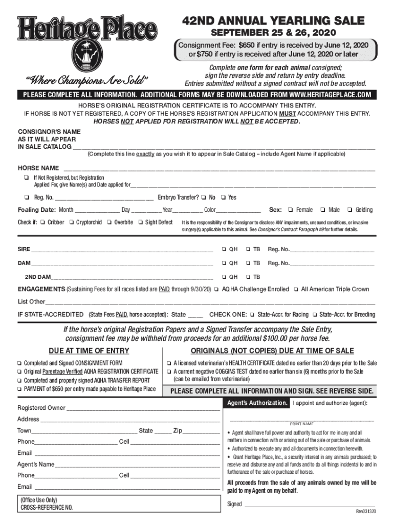 Fillable Online 42ND ANNUAL YEARLING SALE Heritage Place Fax Email
