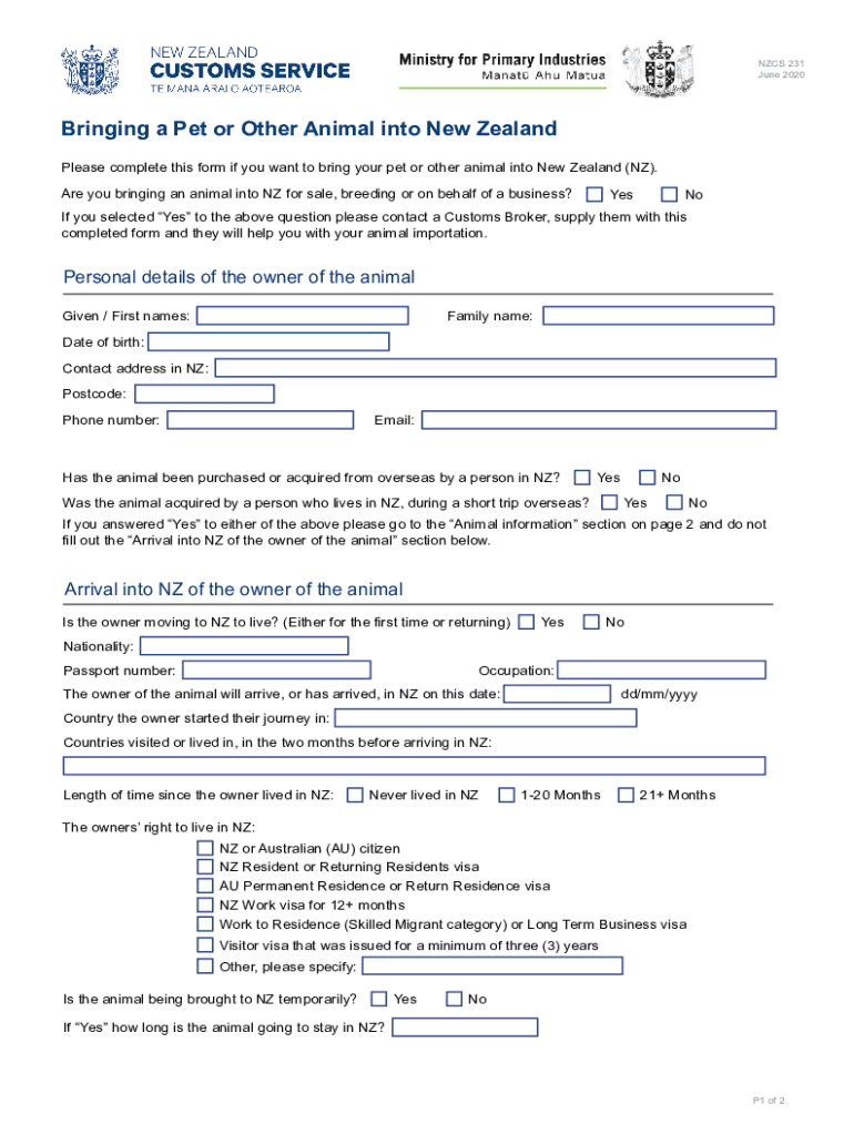 Bringing a Pet or Other Animal into New Zealand NZCS 231 Fill out