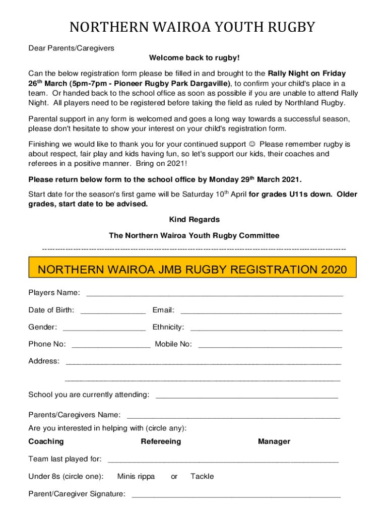 Fillable Online NORTHERN WAIROA YOUTH RUGBY tekopuru.school.nz Fax