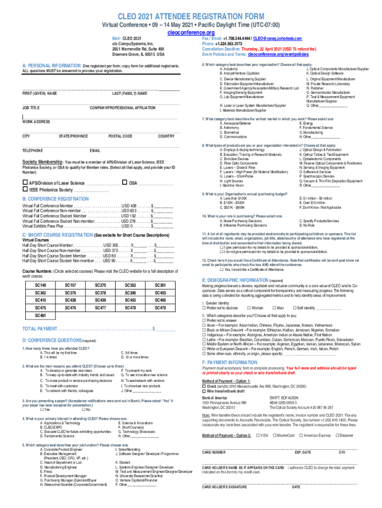 Fillable Online CLEO 2021 Attendee Registration Form cleoconference