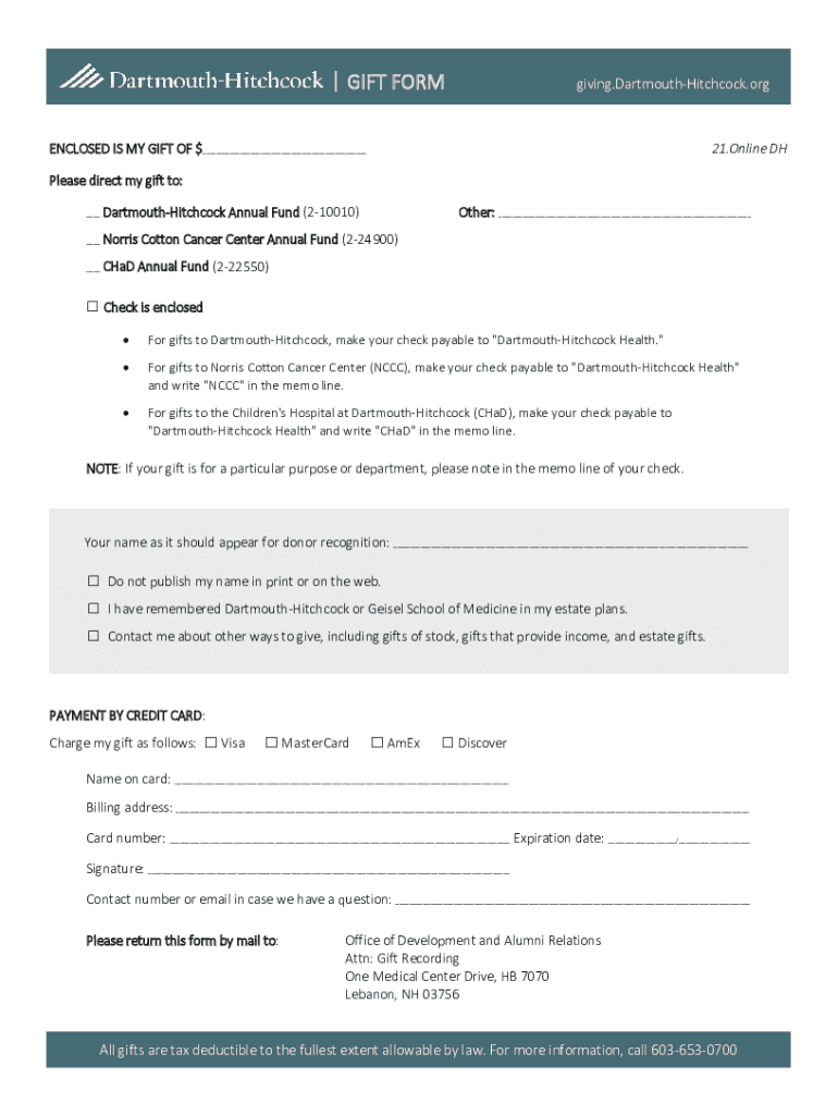 Fillable Online DartmouthHitchcock gift form Fax Email Print pdfFiller