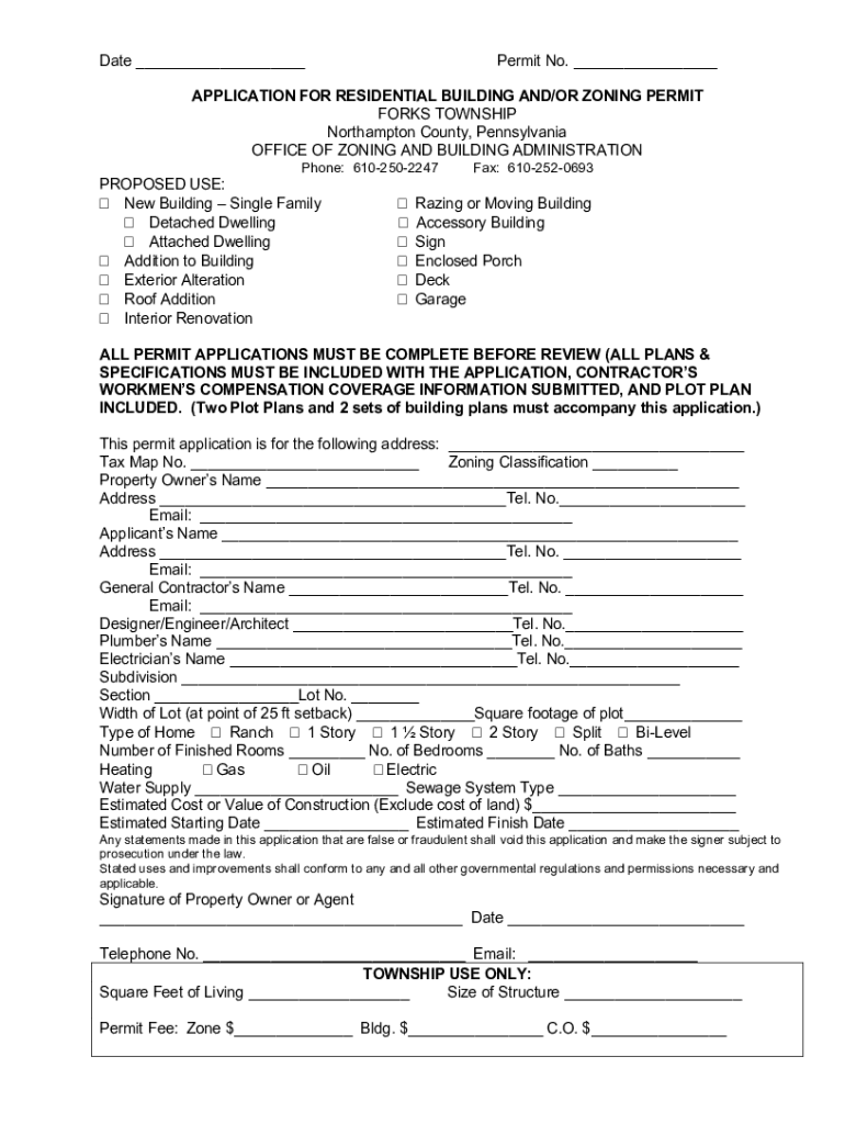 Fillable Online Date Permit No. APPLICATION FOR BUILDING Forks
