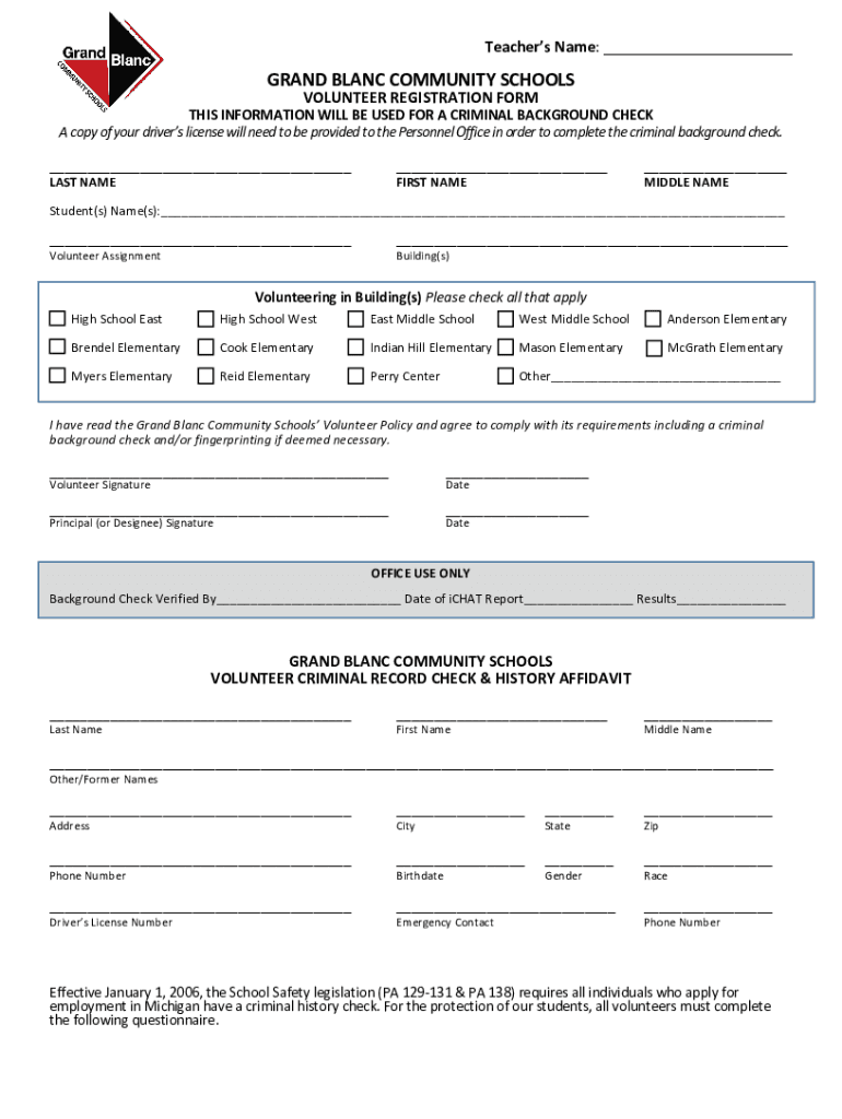 GRAND BLANC COMMUNITY SCHOOLS VOLUNTEER REGISTRATION FORM Preview on Page 1