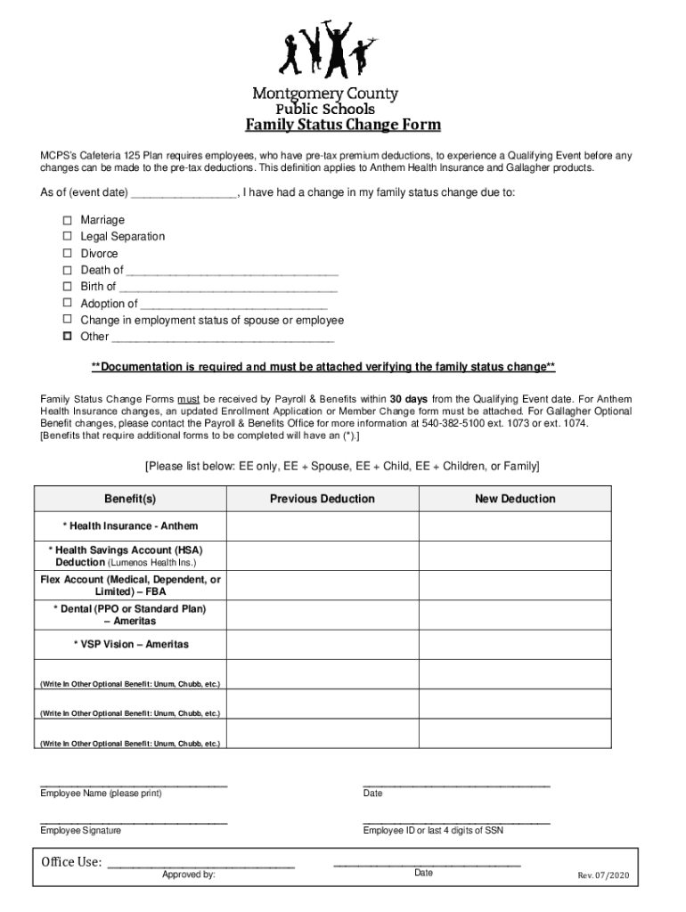 Fillable Online Family Status Change Regulations Section 125 of the tax code Fax Email Print