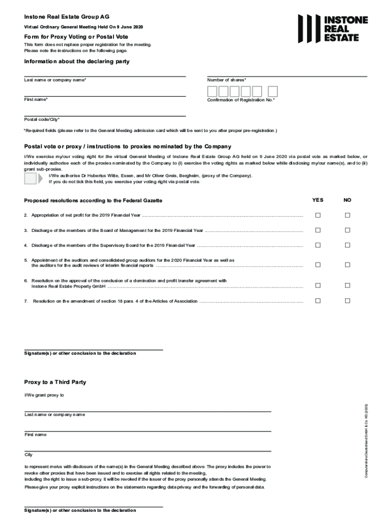 Fillable Online Postal vote or proxy / instructions Instone Real Estate Fax Email Print