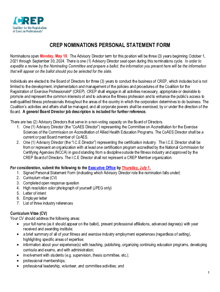 Fillable Online CREP NOMINATIONS PERSONAL STATEMENT FORM Fax Email ...