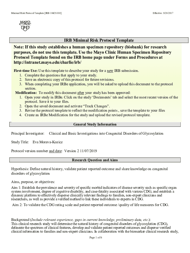 Fillable Online IRB Minimal Risk Protocol Template Note: If this study ...
