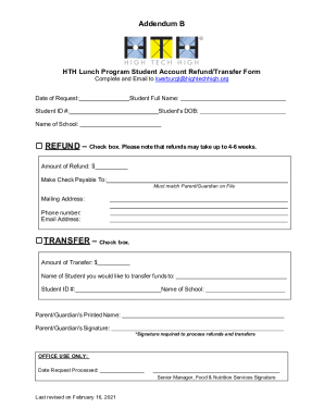 HTH Lunch Program Student Account Refund/Transfer Form