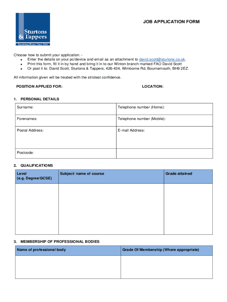 Fillable Online JOB APPLICATION FORM - Sturtons Fax Email Print - pdfFiller