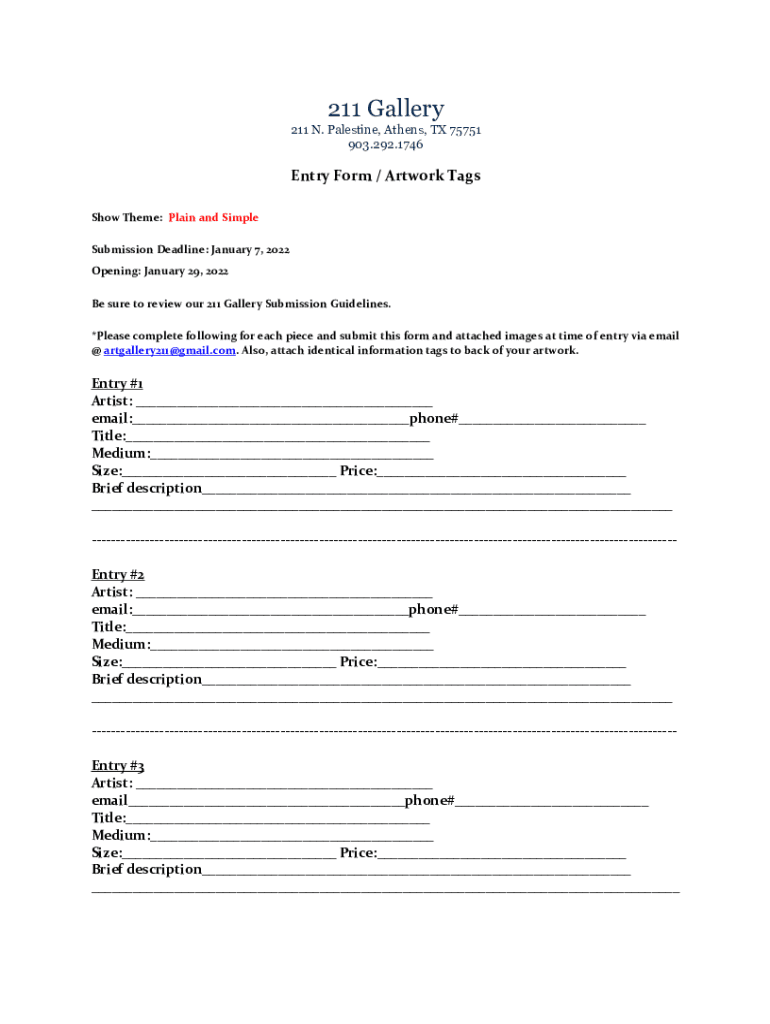 Fillable Online 211galleryentryformandtagsforplainandsimple2022 Fax Email Print