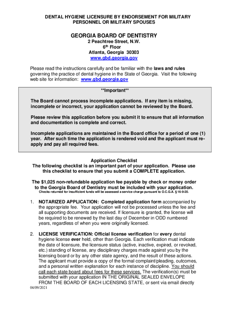 Fillable Online Dental Hygiene Application for Licensure by Endorsement