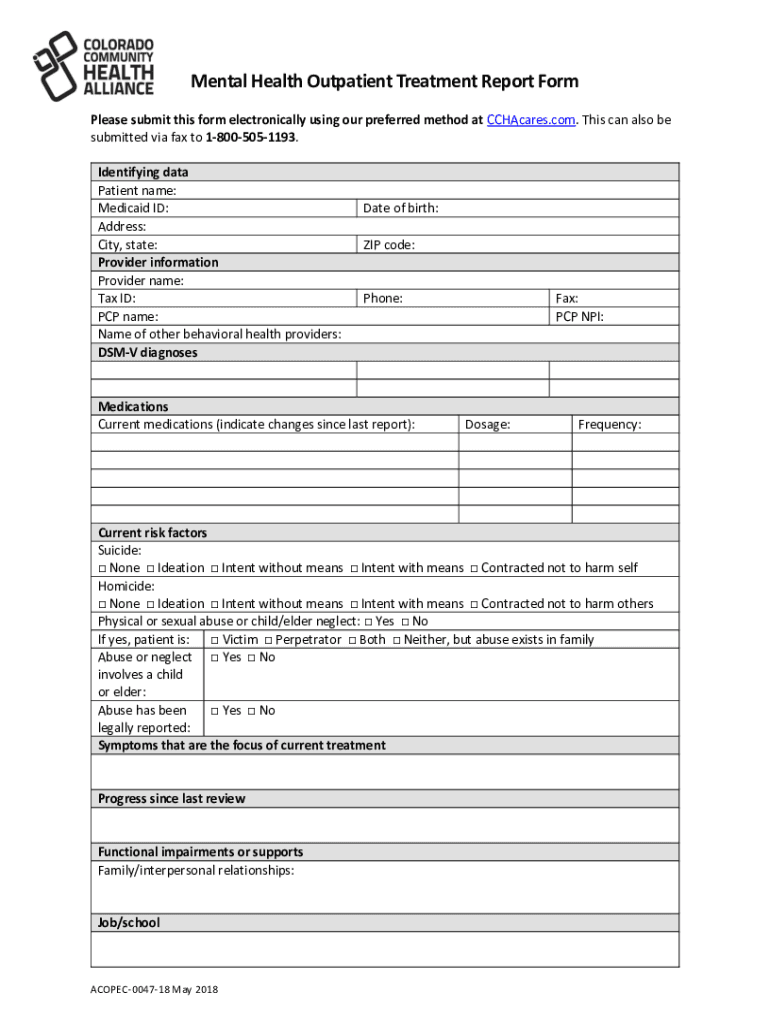 Behavioral Health Outpatient Treatment Form - cchacares Preview on Page 1