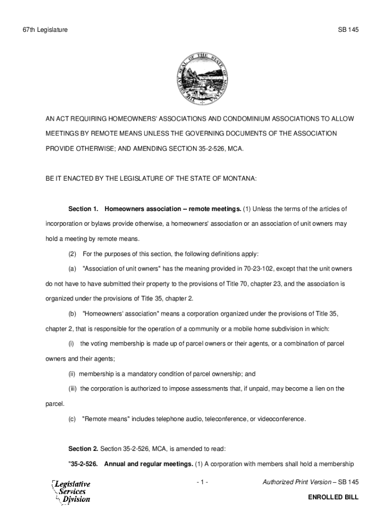 Fillable Online leg mt SB 145 ENROLLED BILL AN ACT REQUIRING HOMEOWNERS