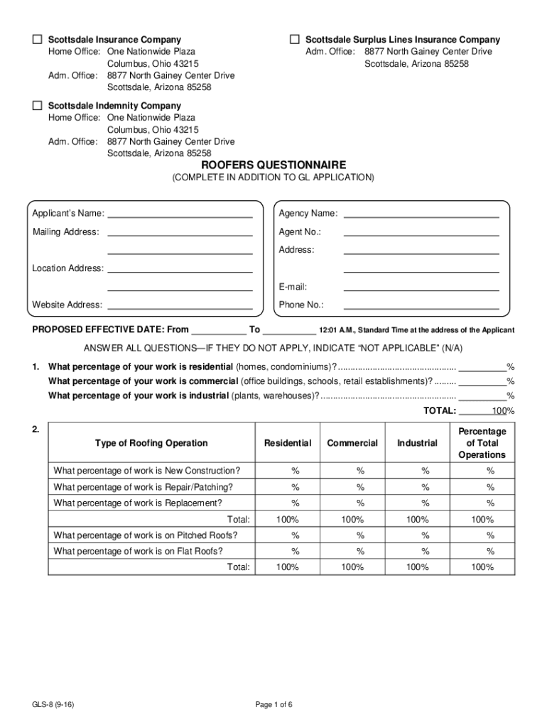 ROOFERS QUESTIONNAIRE. GLS-8 (9-16) Preview on Page 1