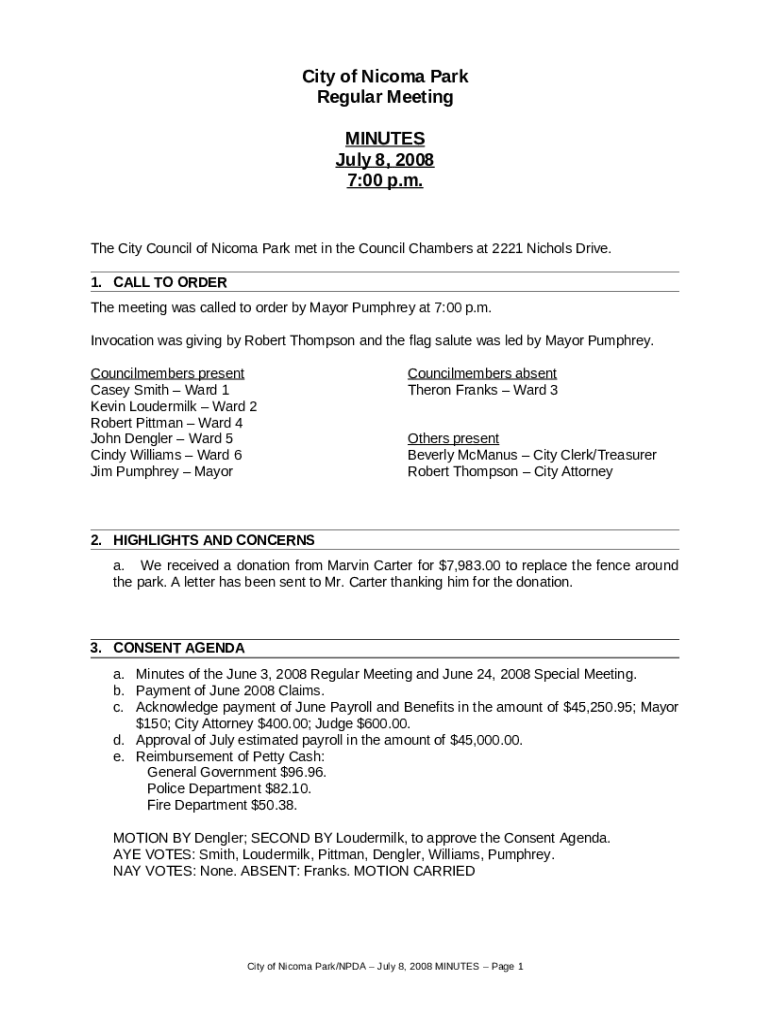 The City Council of Park met in the Council Chambers at 2221 Nichols Drive Doc Template