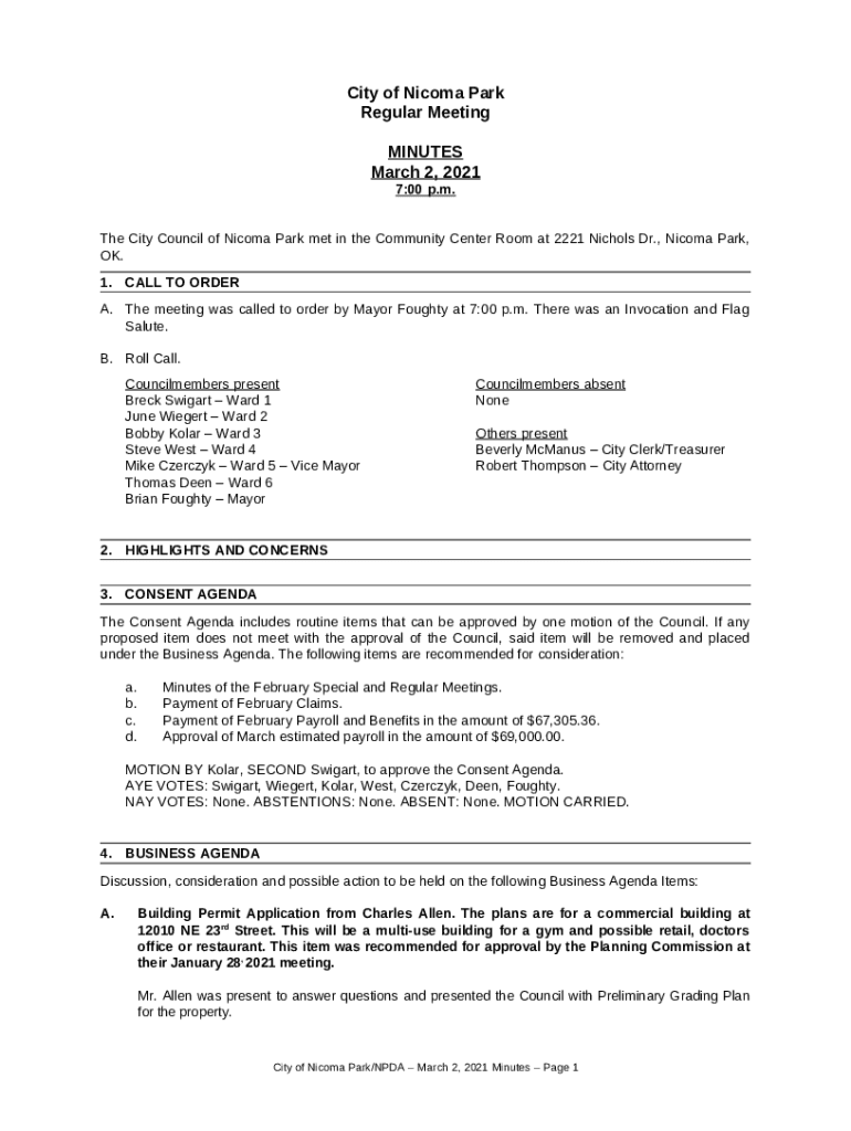 The City Council of Park met in the Community Center Room at 2221 Nichols Dr Doc Template