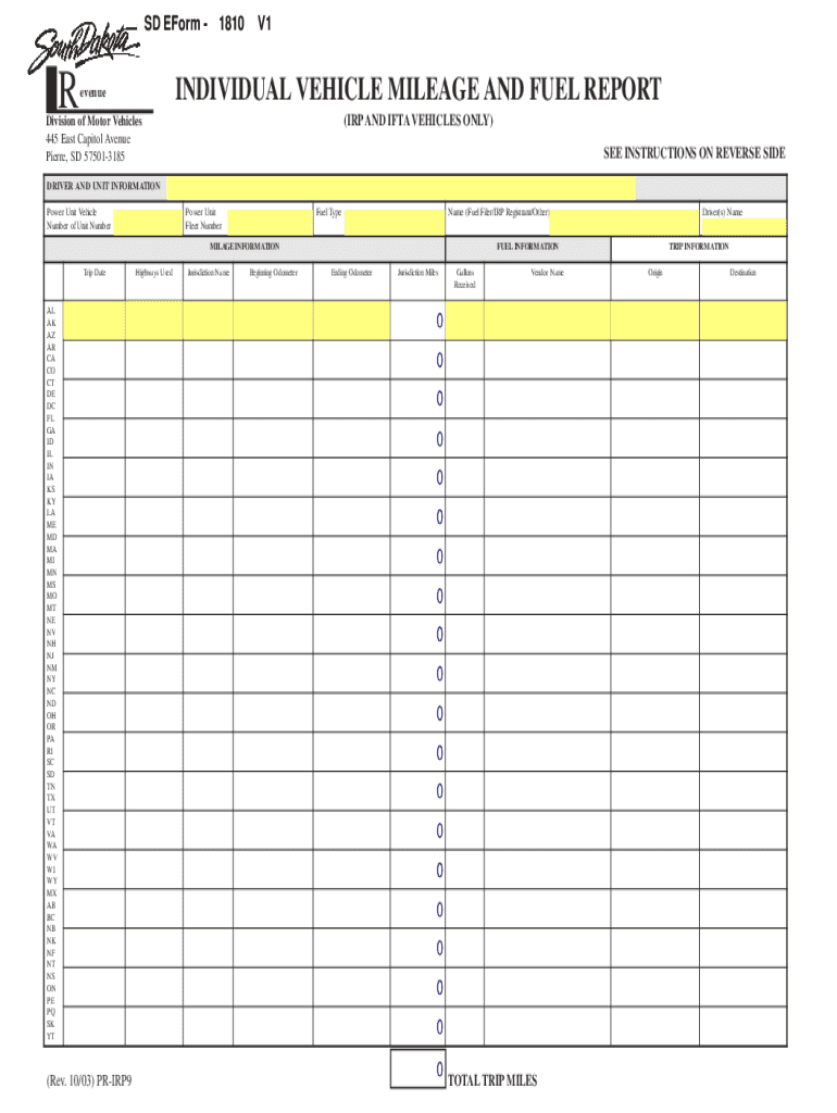 Fillable Online Individual Vehicle Mileage And Fuel Report - state.sd ...