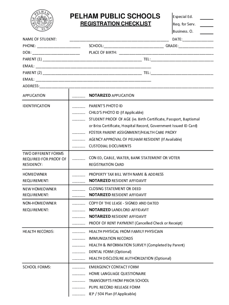 Fillable Online Pelham Public Schools Registration Checklist Fax Email