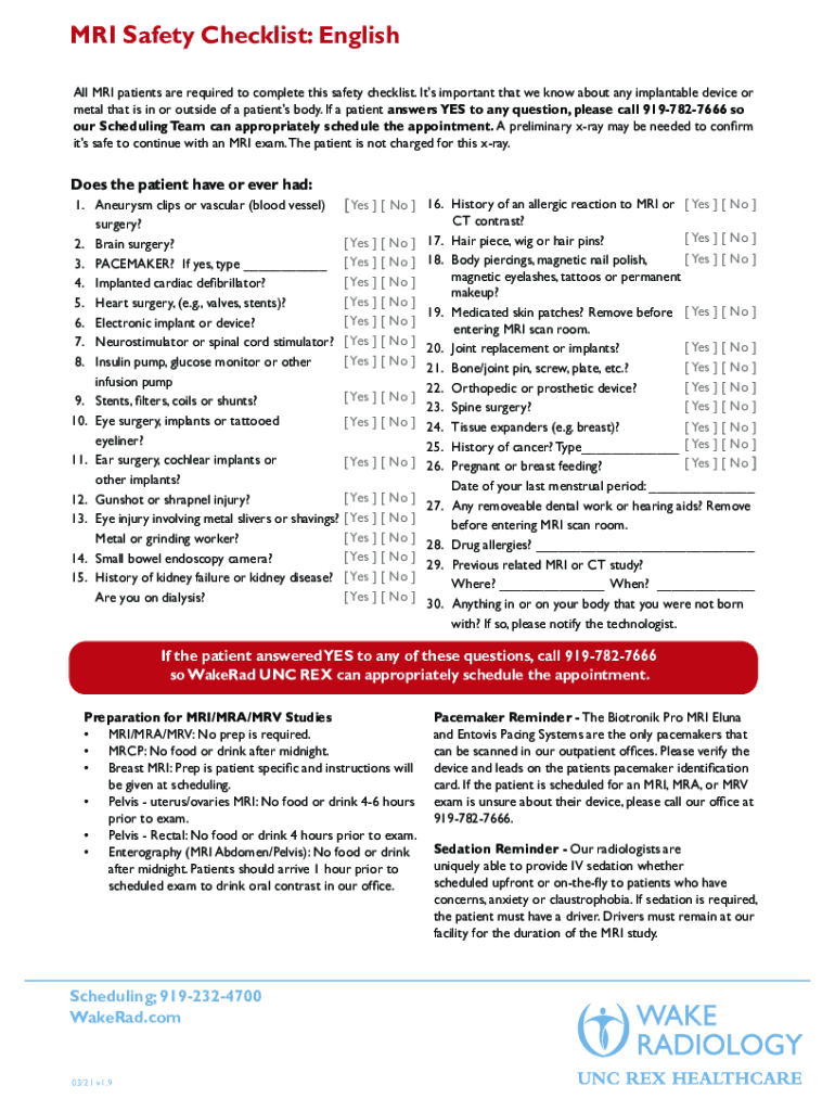 Fillable Online MRI Safety Checklist English Fax Email Print pdfFiller