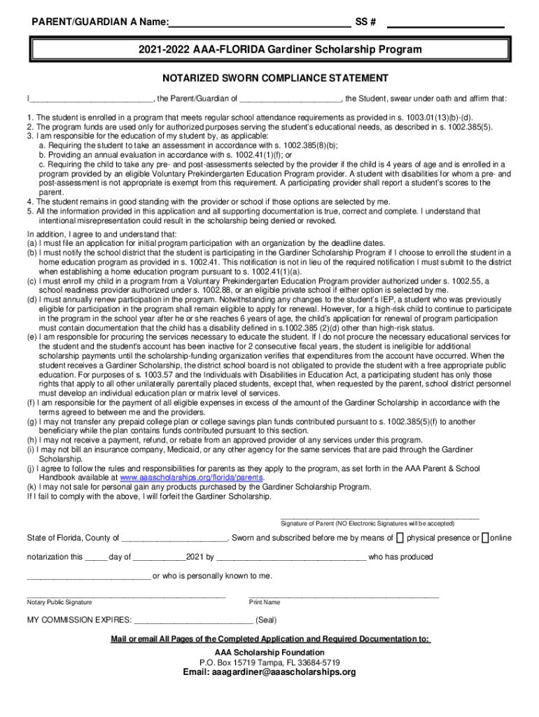 Fillable Online Florida Gardiner Scholarship Program Application for